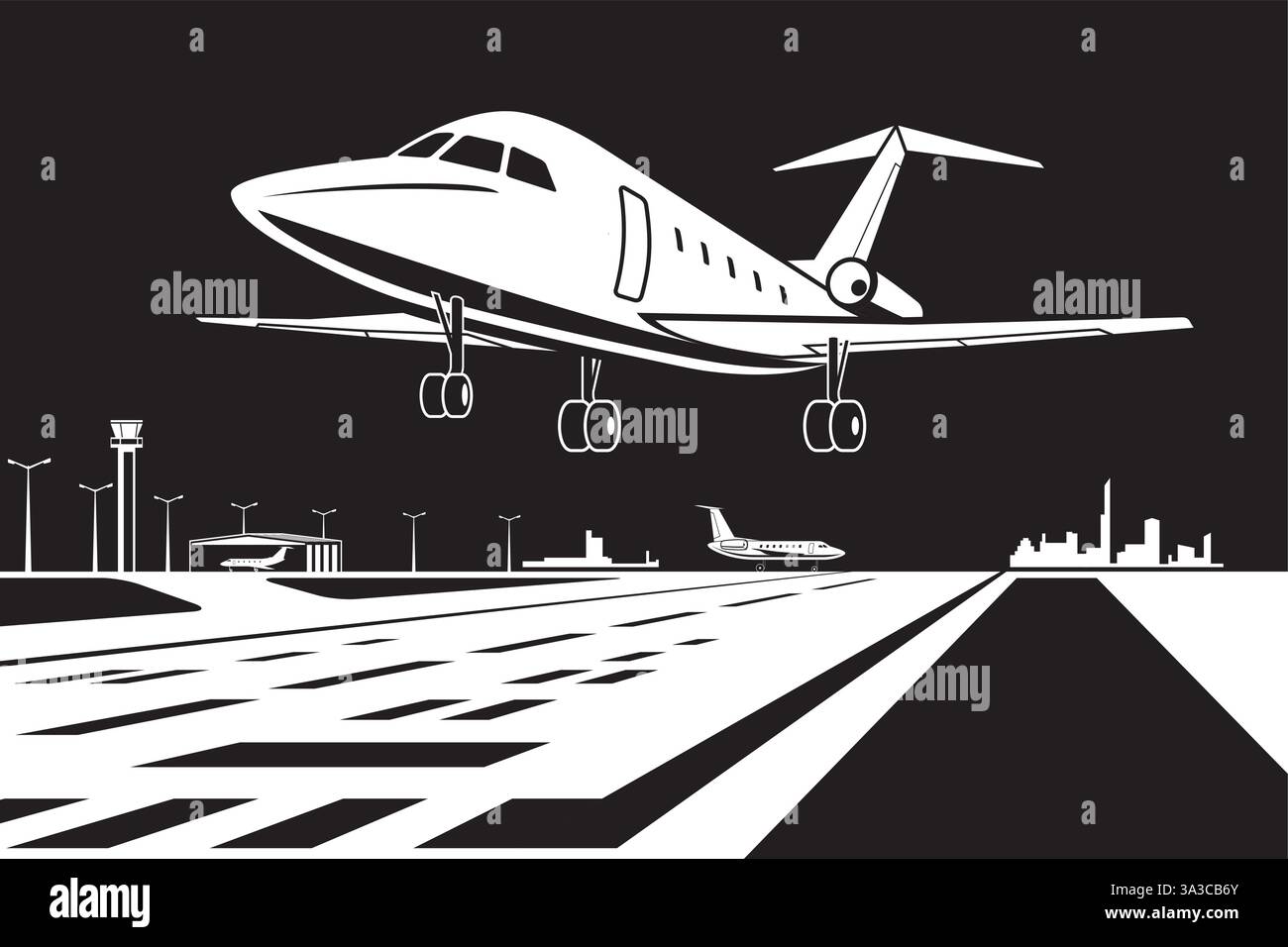 Private jet take off from city airport by night – vector illustration ...