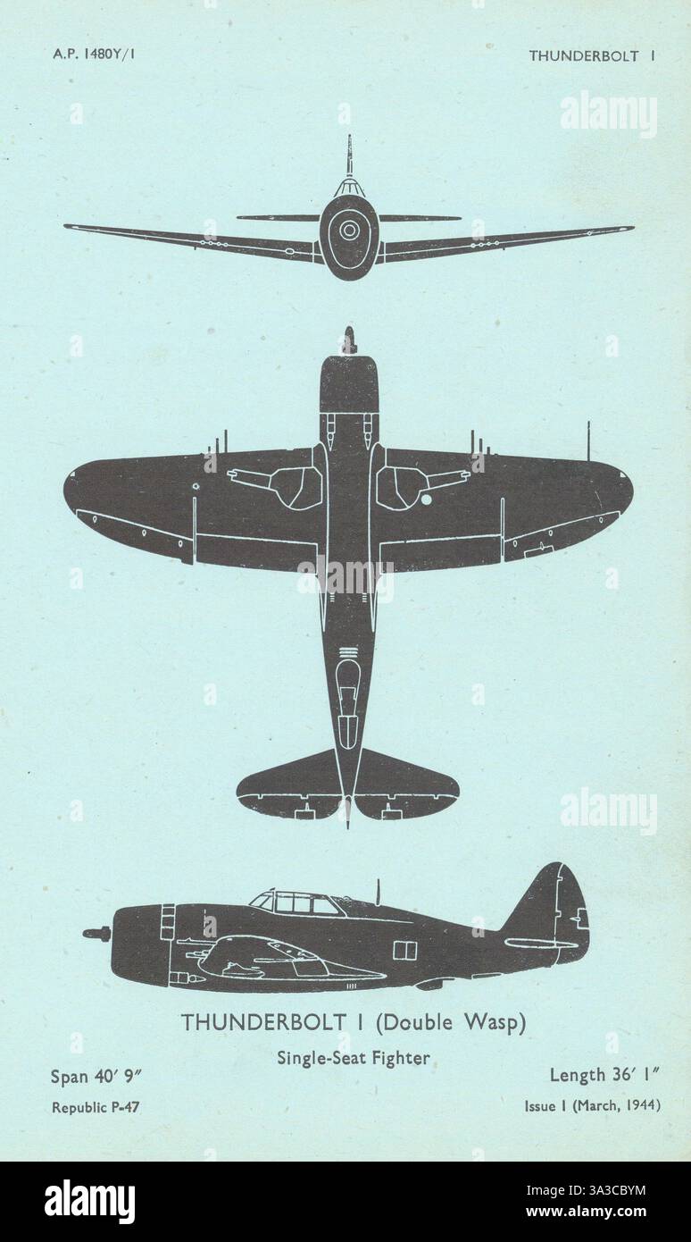 Republic P-47 Thunderbolt I fighter. Aircraft recognition profile 1944 ...