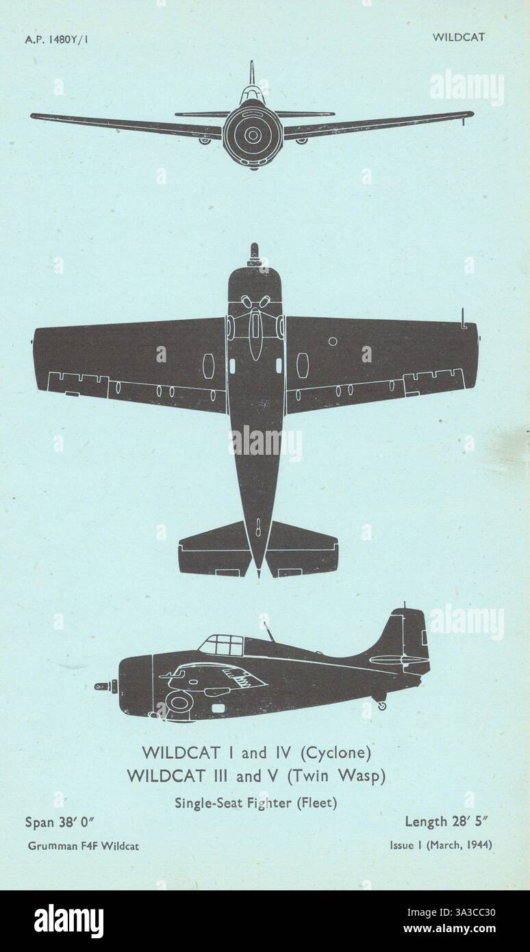 Grumman F4F Wildcat fighter (Fleet). Aircraft recognition profile 1944 print Stock Photo