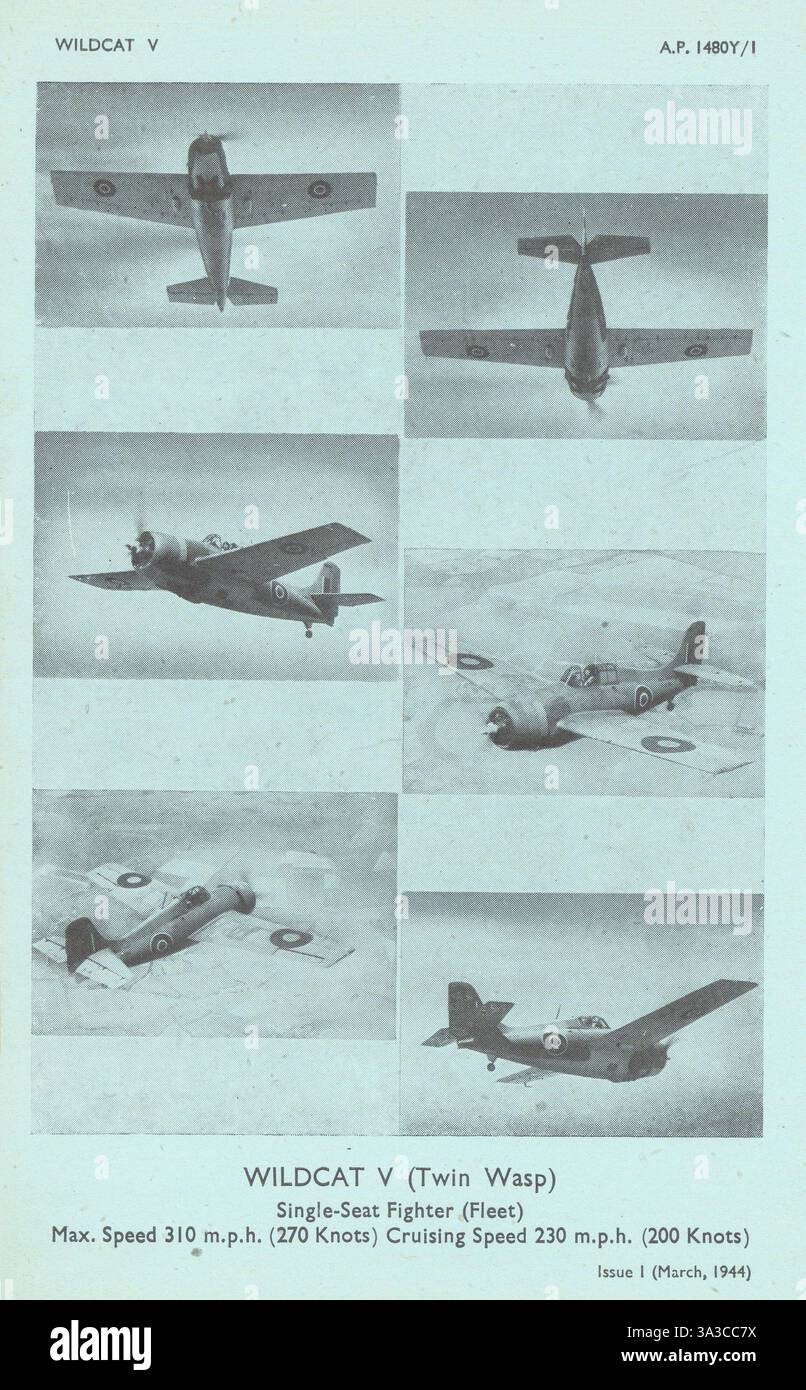 Grumman F4F Wildcat V fighter (Fleet). Aircraft recognition photos 1944 print Stock Photo