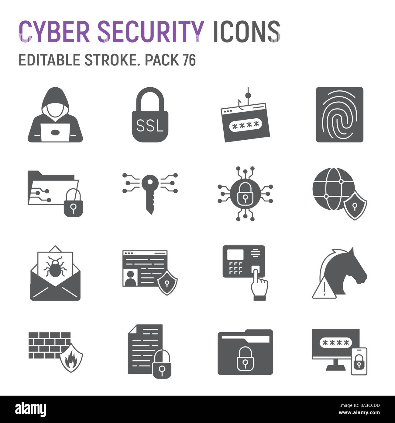 Cyber Security glyph icon set, network security collection, vector graphics, logo illustrations, online privacy vector icons, cyber protection, solid Stock Vector