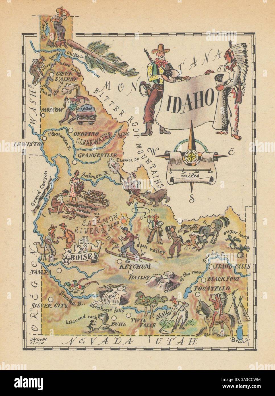 Idaho small state map by Jacques Liozu 1946 old vintage plan chart