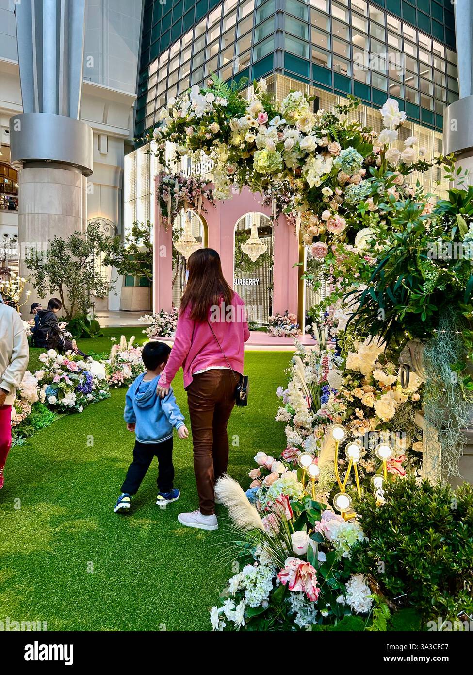 Taipei, Taiwan, Inside, Views, Crowd People,, Families, Visiting Modern Shopping Center, Local, Taiwanese Families with Children, Taipei 101, Garden - Smartphone Captured Stock Image