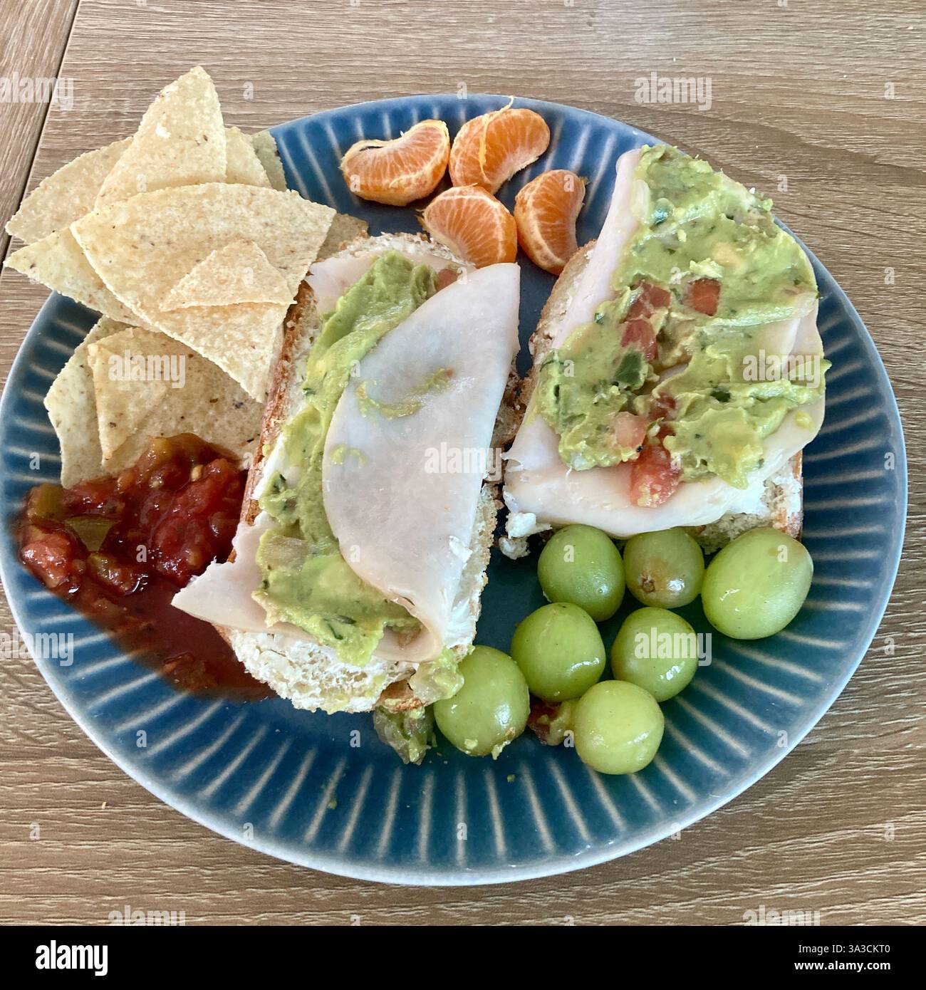 A turkey sandwich with guacamole is featured on a plate - Smartphone Captured Stock Image A turkey sandwich with guacamole is featured on a plate - Smartphone Captured Stock Image
