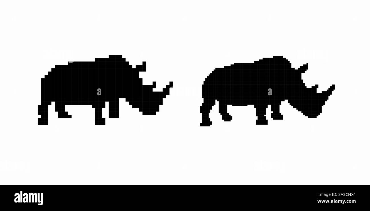 Silhouette of two rhinos facing each other with prominent horns and massive bodies Stock Vector