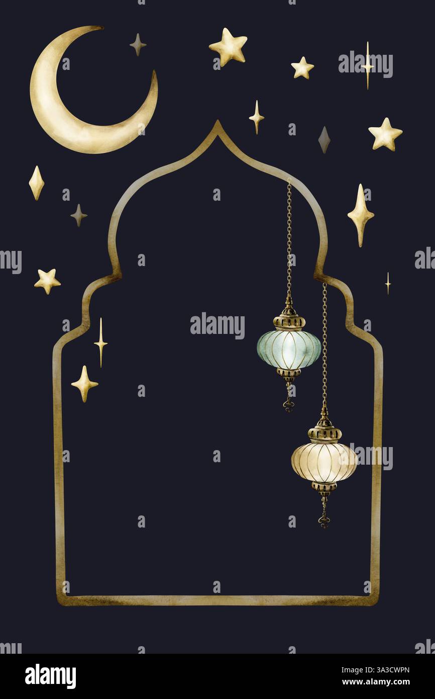 Islamic golden frame with hanging lanterns, crescent moon and stars on ...