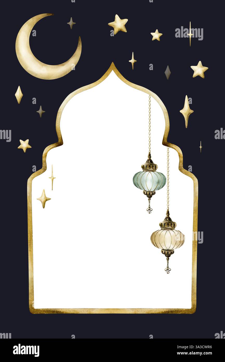 Islamic golden frame with hanging lanterns, crescent moon and stars on ...