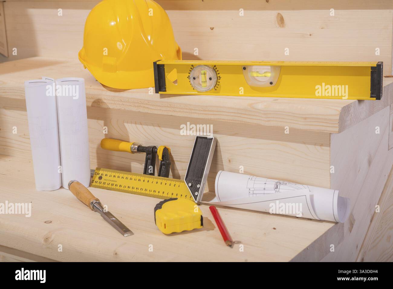 View on compositionf o working tools on wooden ladder Stock Photo