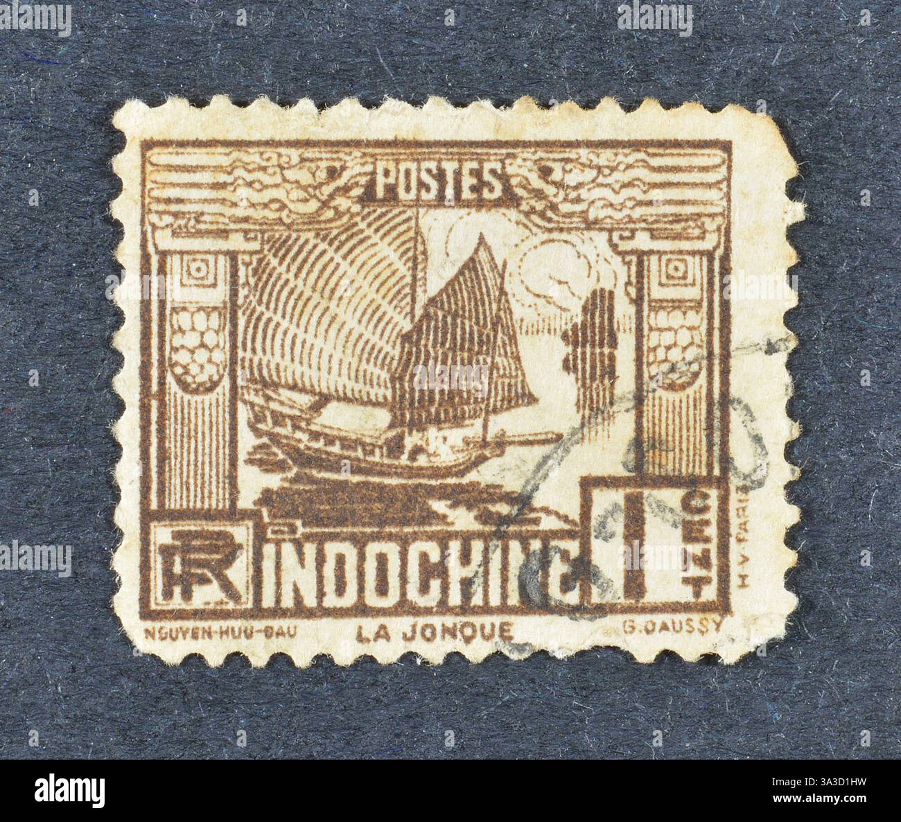 Cancelled postage stamp printed by French Indochina, that shows Junk, Local Motifs, circa 1931. Stock Photo