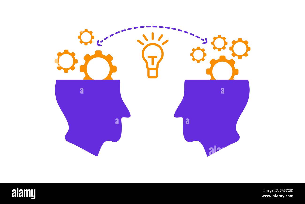 Creative collaboration concept with two heads sharing ideas and gears between them Stock Vector