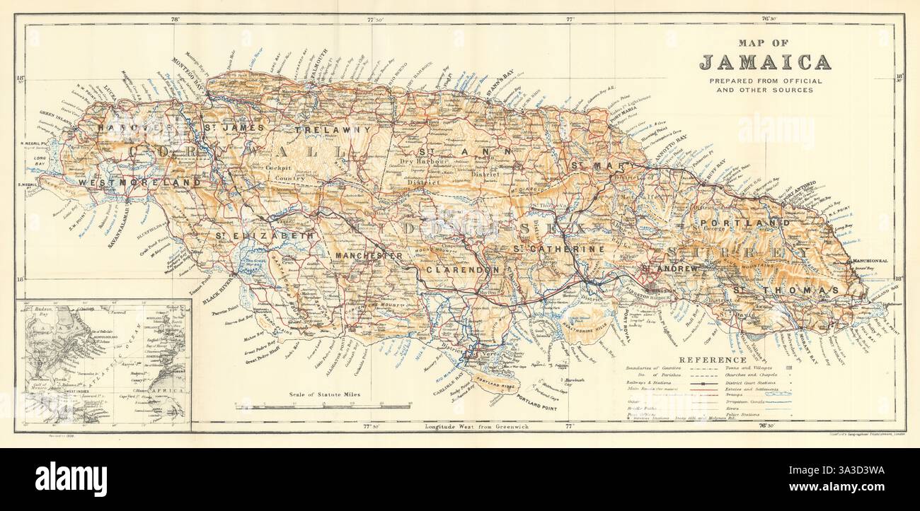 Map of Jamaica showing counties, parishes & railways by Edward