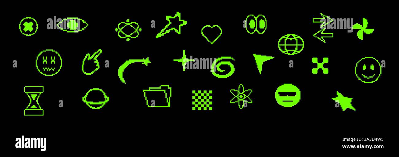 Pixel icons with retro green and abstract digital elements. Stock Vector
