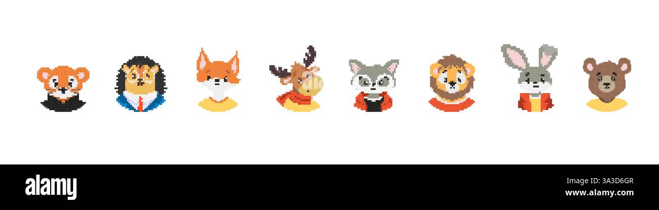 Collection of eight pixel art animals in vibrant colors and outfits ...
