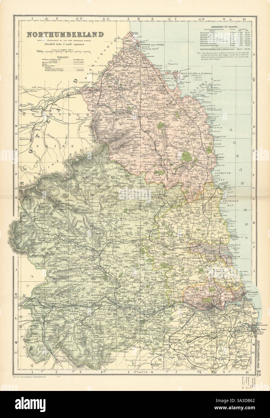 NORTHUMBERLAND antique county map by GW BACON 1898 old plan chart Stock ...