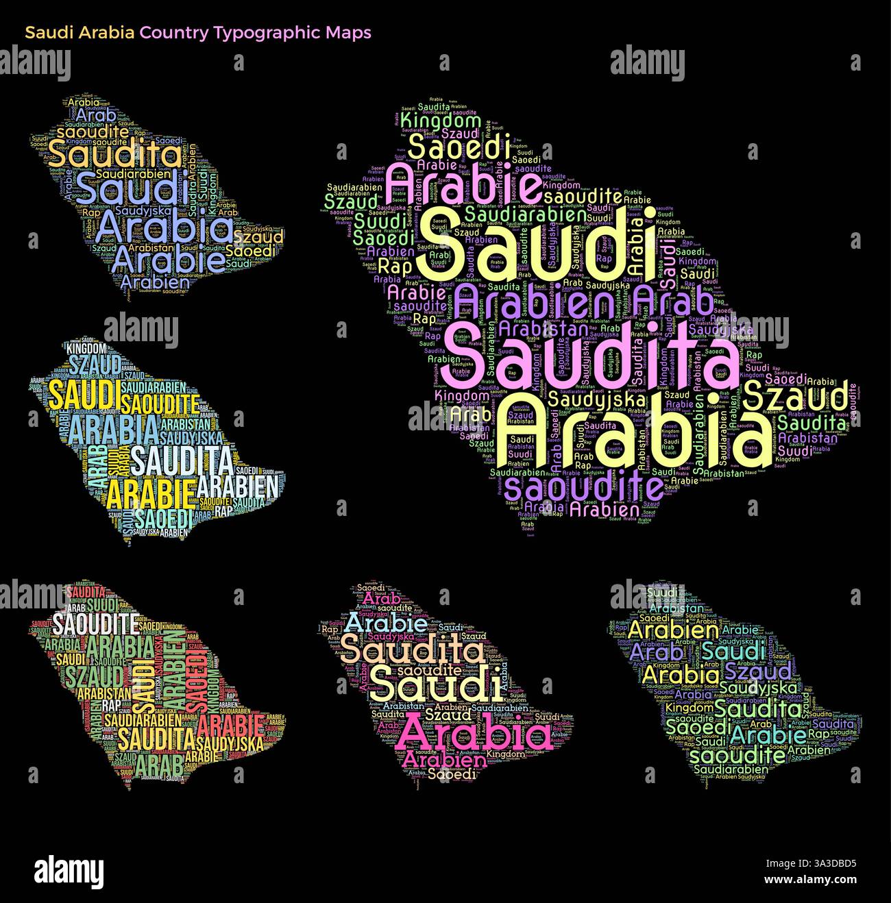 Saudi Arabia. Set of typography style country illustrations. Saudi Arabia map shape build of horizontal and vertical country names. Stock Vector