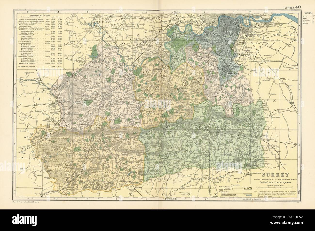 SURREY antique county map by GW BACON 1898 old vintage plan chart Stock ...