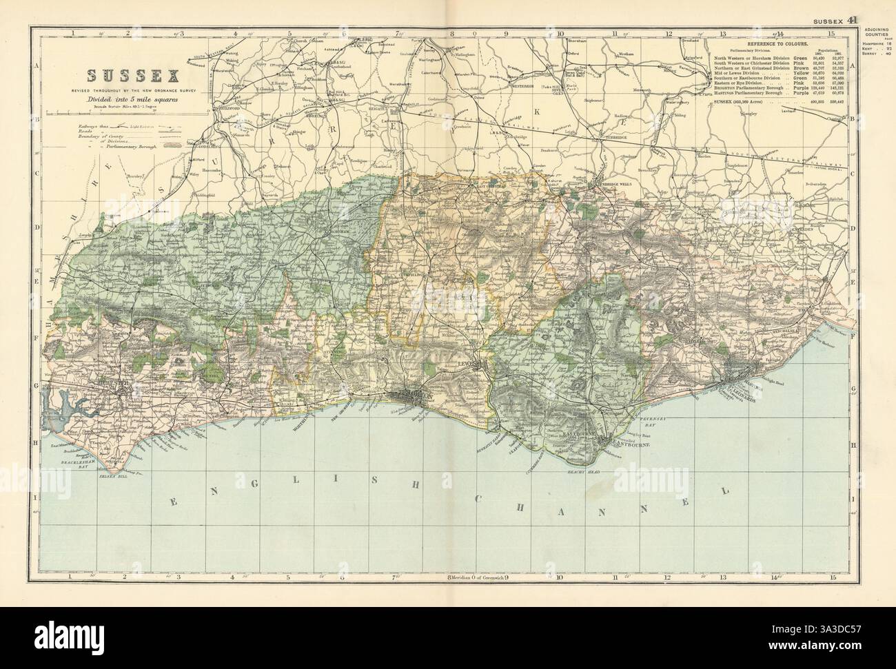 SUSSEX antique county map by GW BACON 1898 old vintage plan chart Stock ...