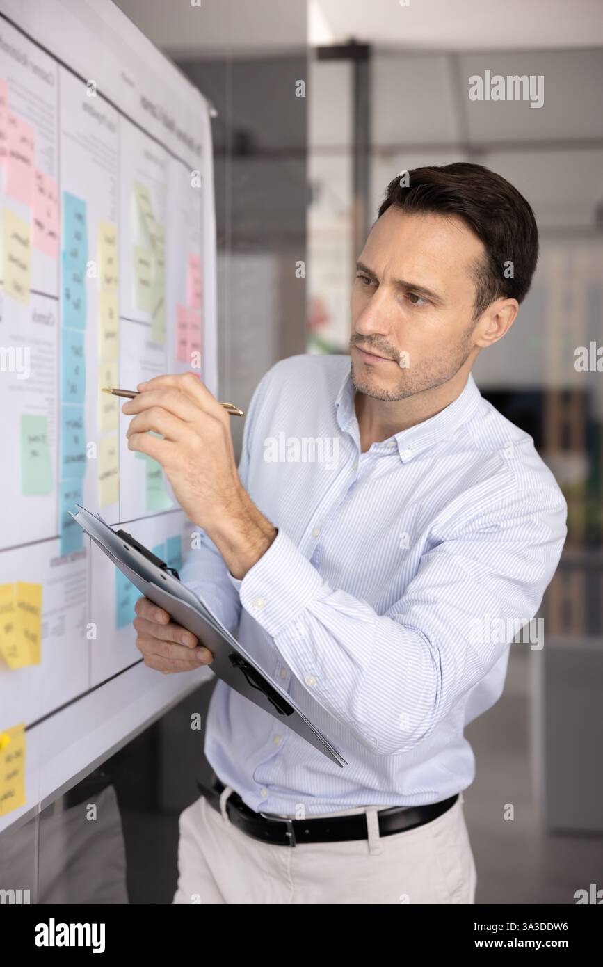 Serious confident Latin project manager man making Kanban scrum board Stock Photo