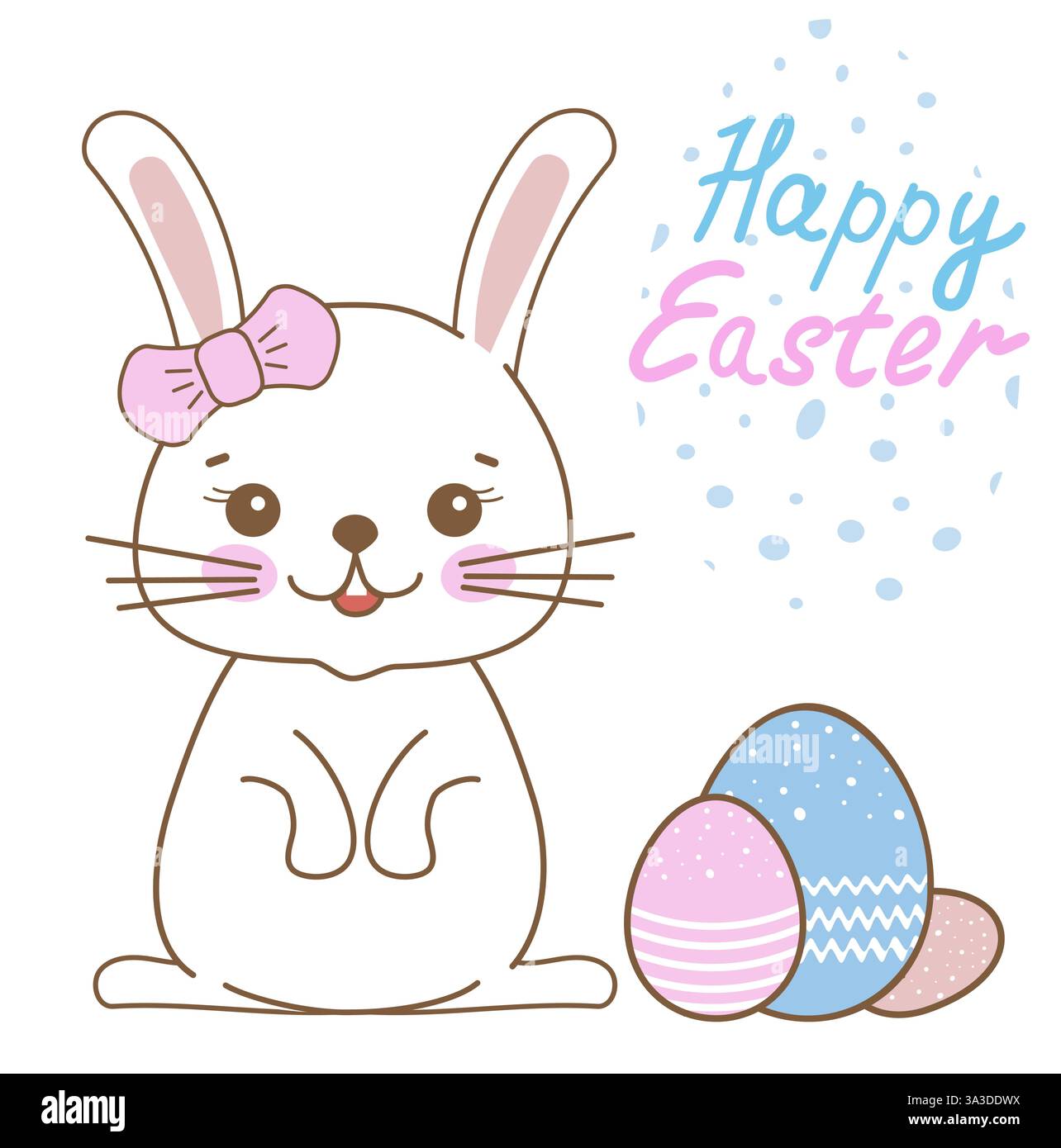 Cute easter bunny with bow and colorful eggs illustration Stock Vector