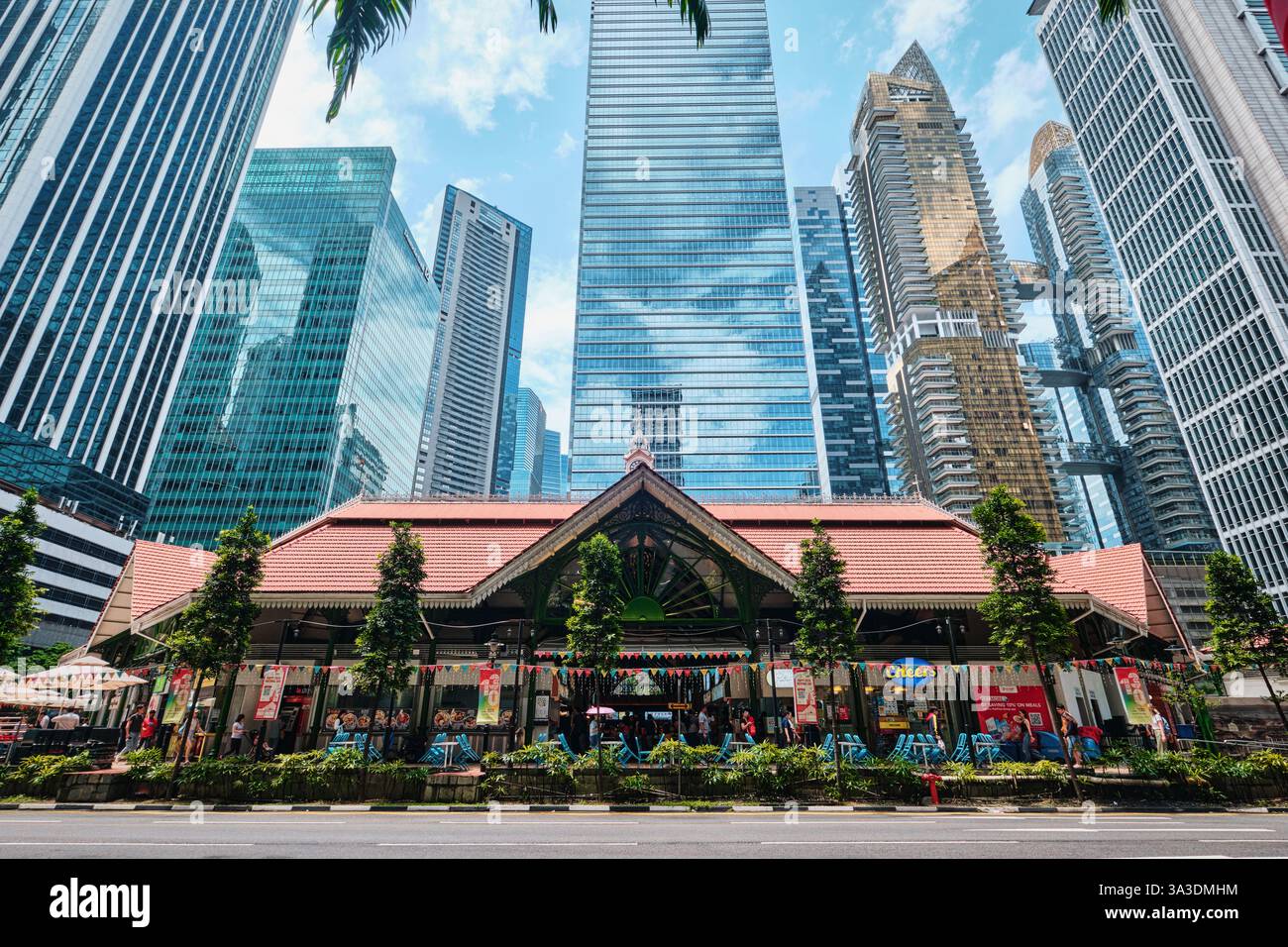 Singapore - January 18, 2025: The Lau Pa Sat food court hawker center. (Telok Ayer) is a historic Victorian cast-iron market. Stock Photo