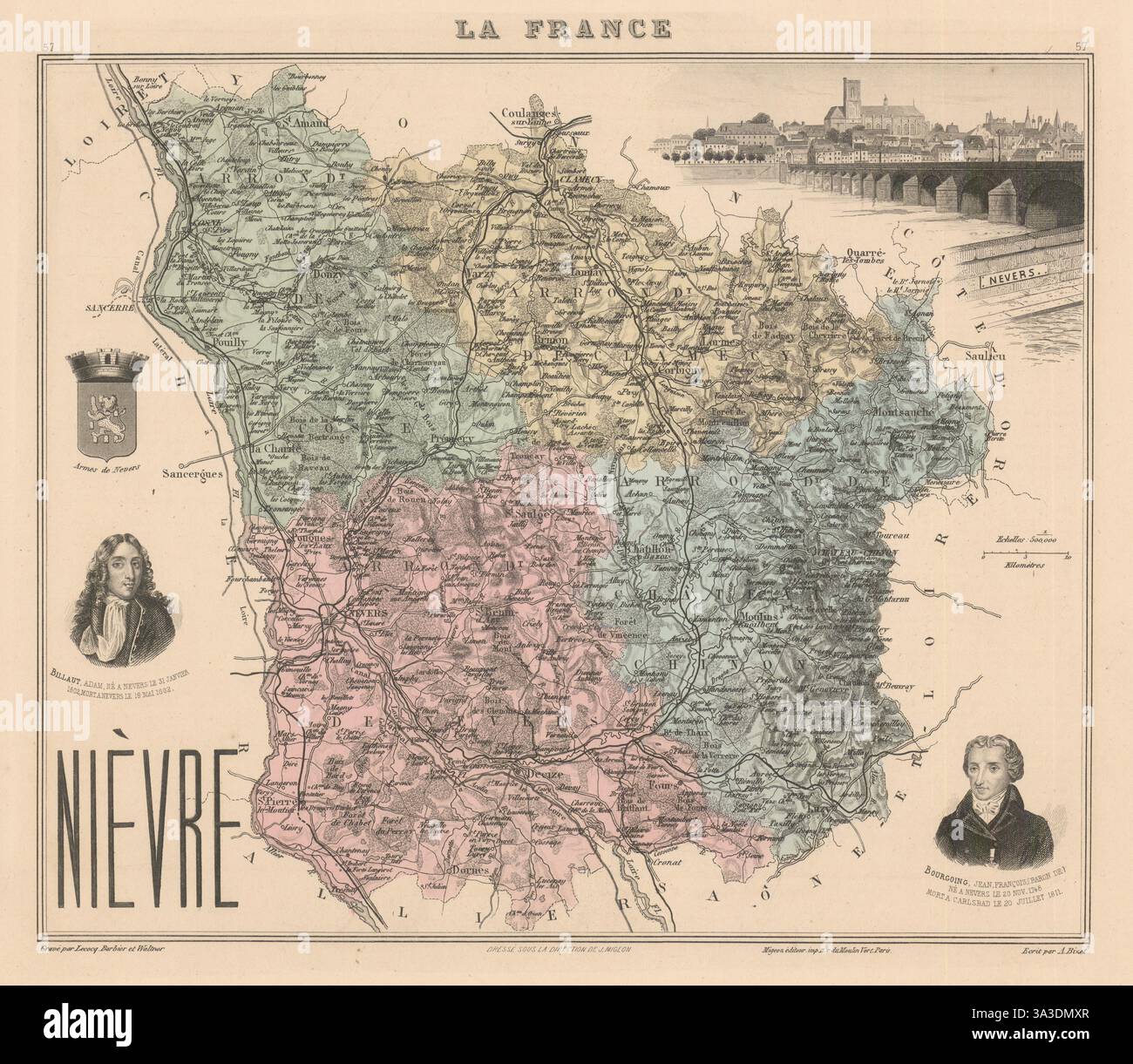 Nièvre département. Nevers vignette. Vuillemin 1890 old antique map ...