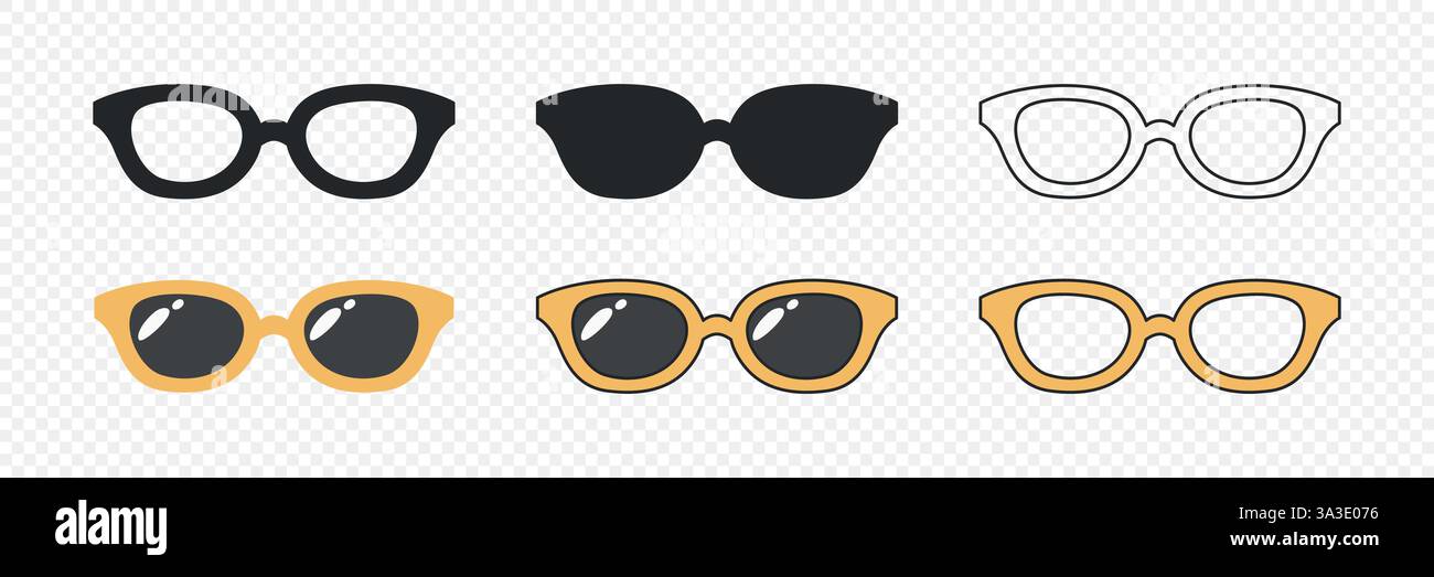Vector Glasses Icon Set. Cutout Silhouette, Outline Icon, Flat Color ...