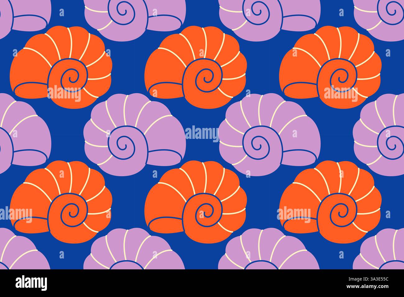 Seamless pattern with orange and iliac sea shells Hand drawn trendy ...