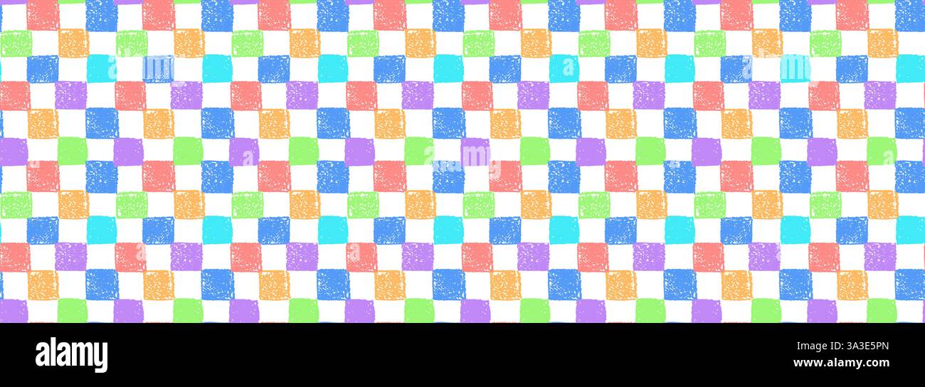 Gingham seamless pattern. Mosaic ornament with jagged red blue orange squares drawn with colorful charcoal. Modern background painted by color chalk Stock Vector