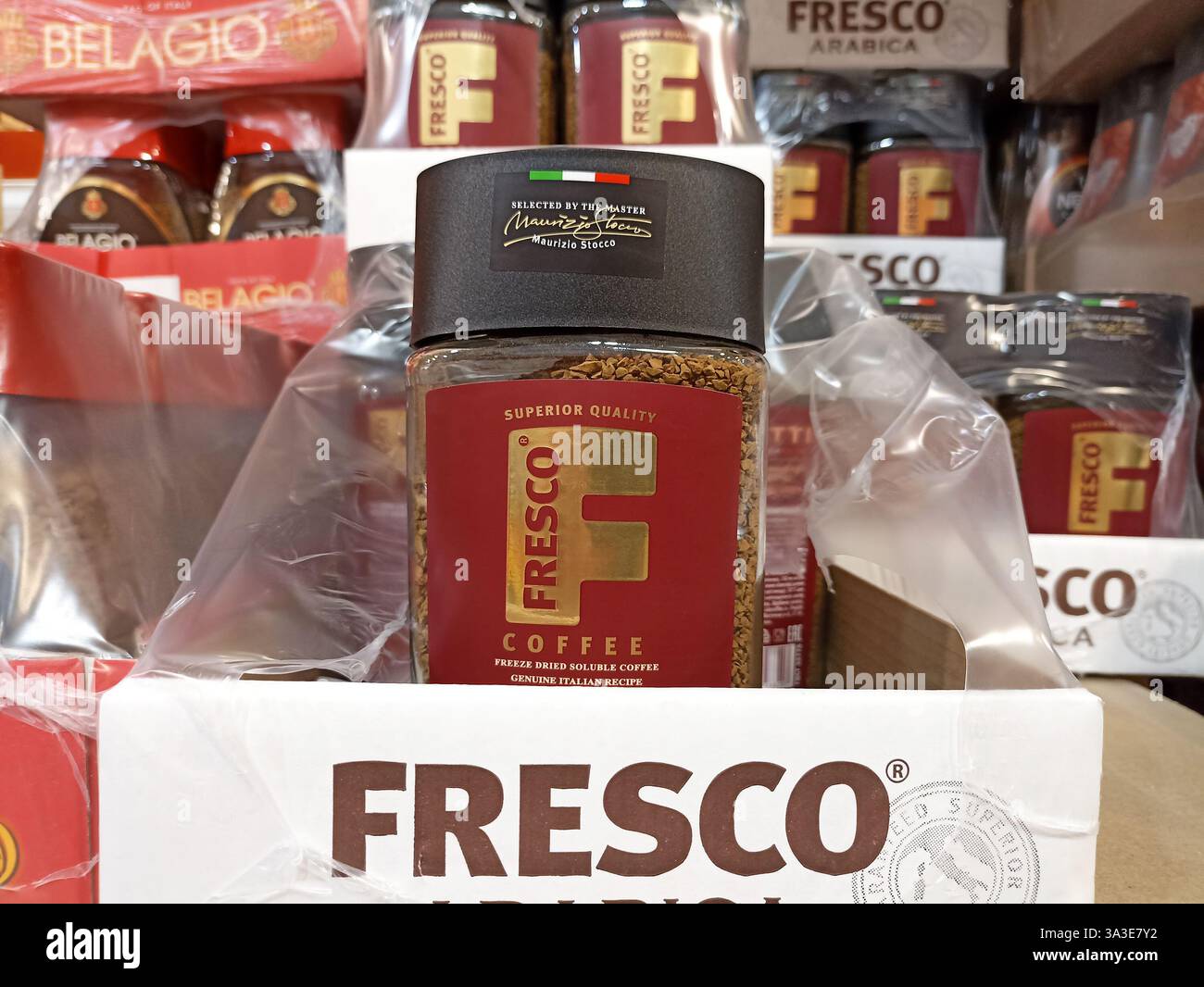 Fresco coffee jar display on supermarket shelf with bold label design ...