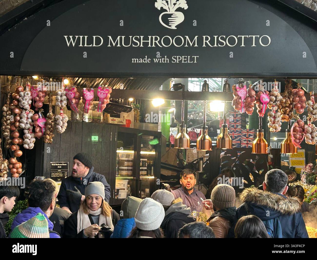 Wild Mushroom Risotto stall at Borough Market in London, UK - Smartphone Captured Stock Image