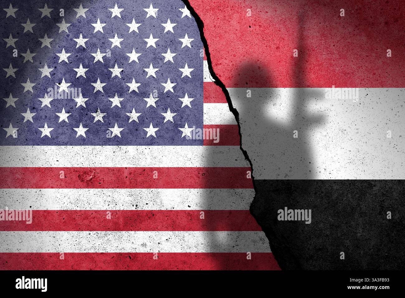 Flag of US and Yemen painted on a concrete wall with soldier shadow ...