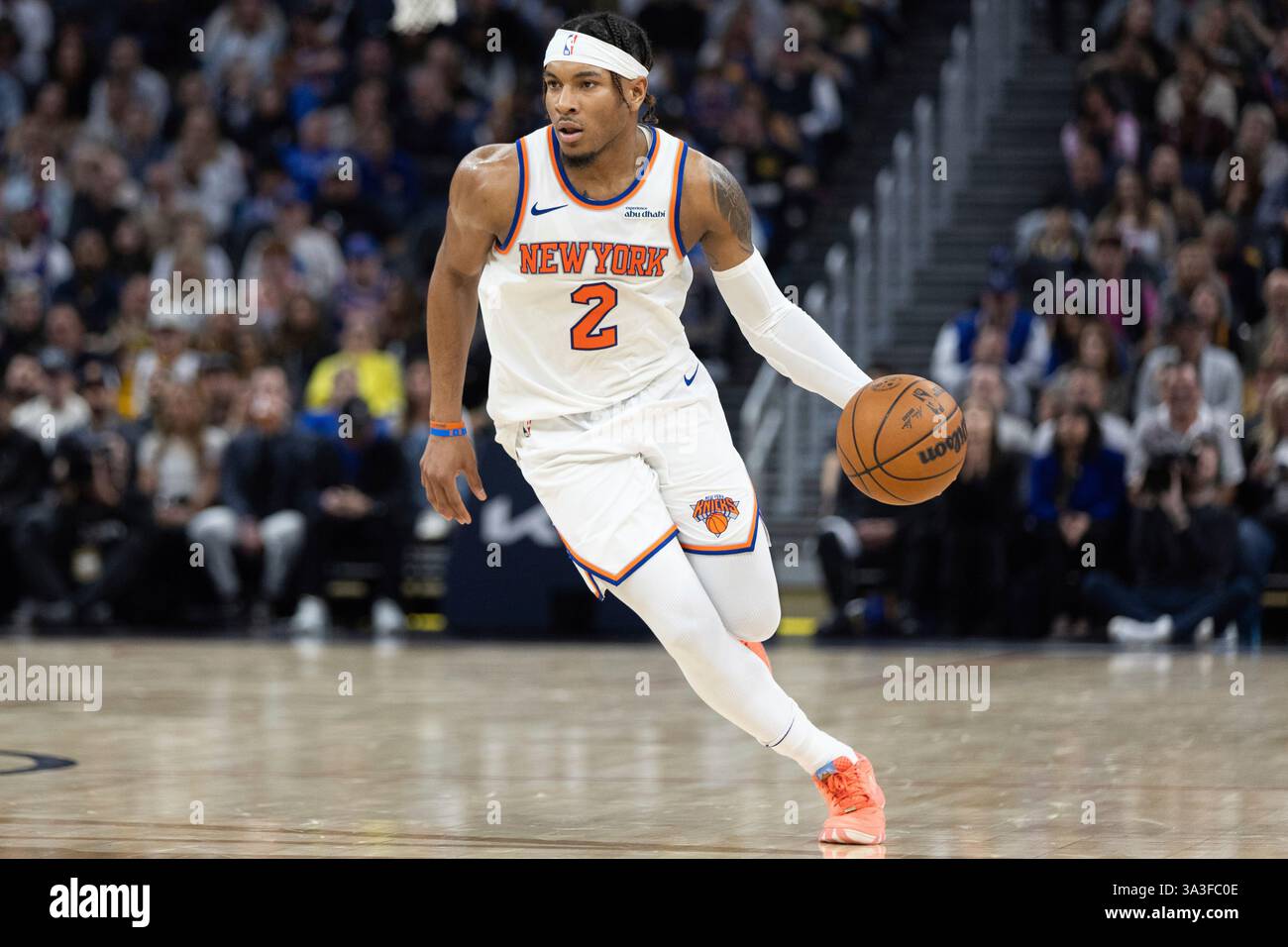 New York Knicks guard Miles McBride dribbles during the first half of ...