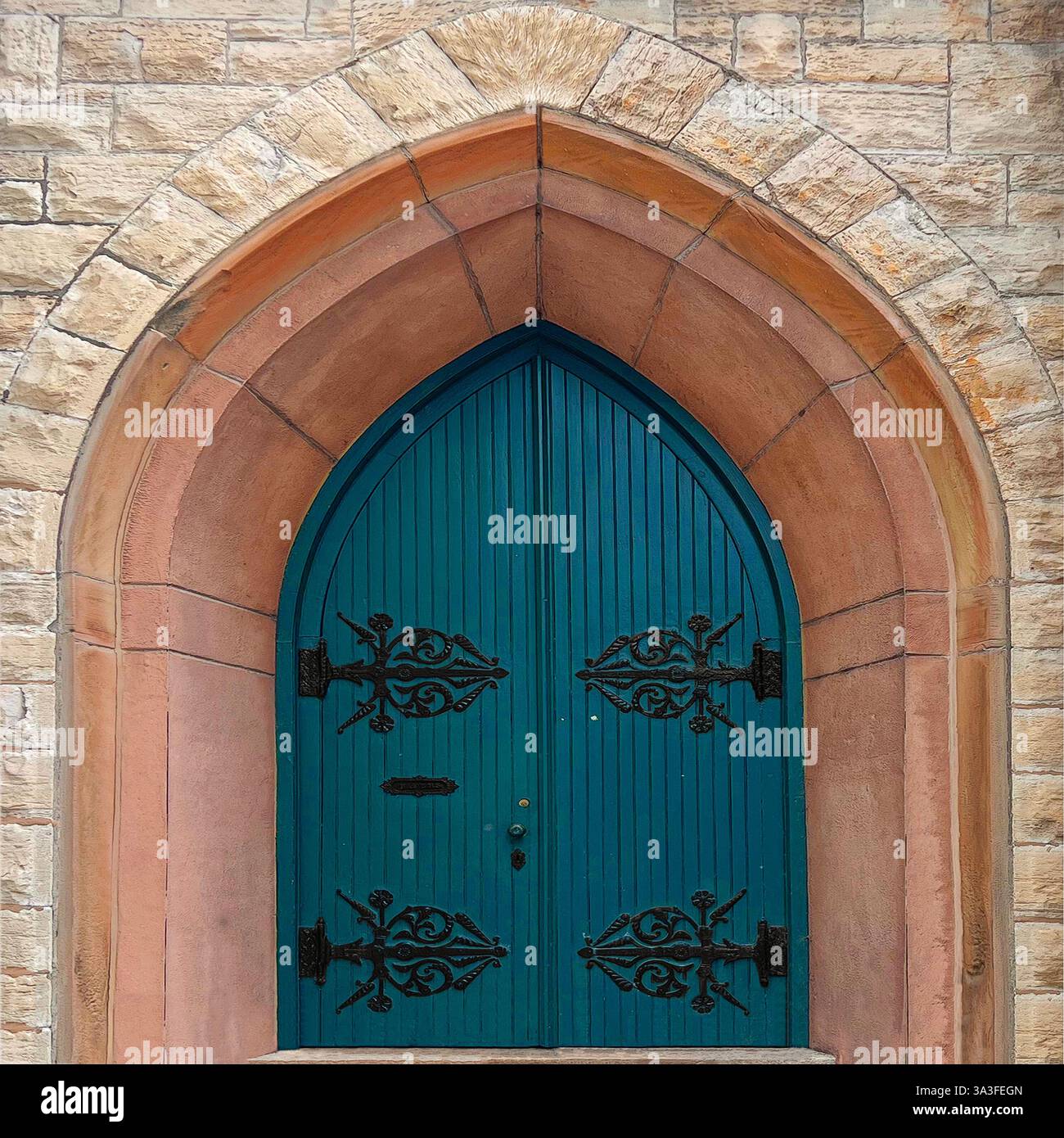 Ornate Gothic-style arched doorway with deep green wooden doors featuring intricate wrought iron hardware, set within a historic stone facade. - Smartphone Captured Stock Image