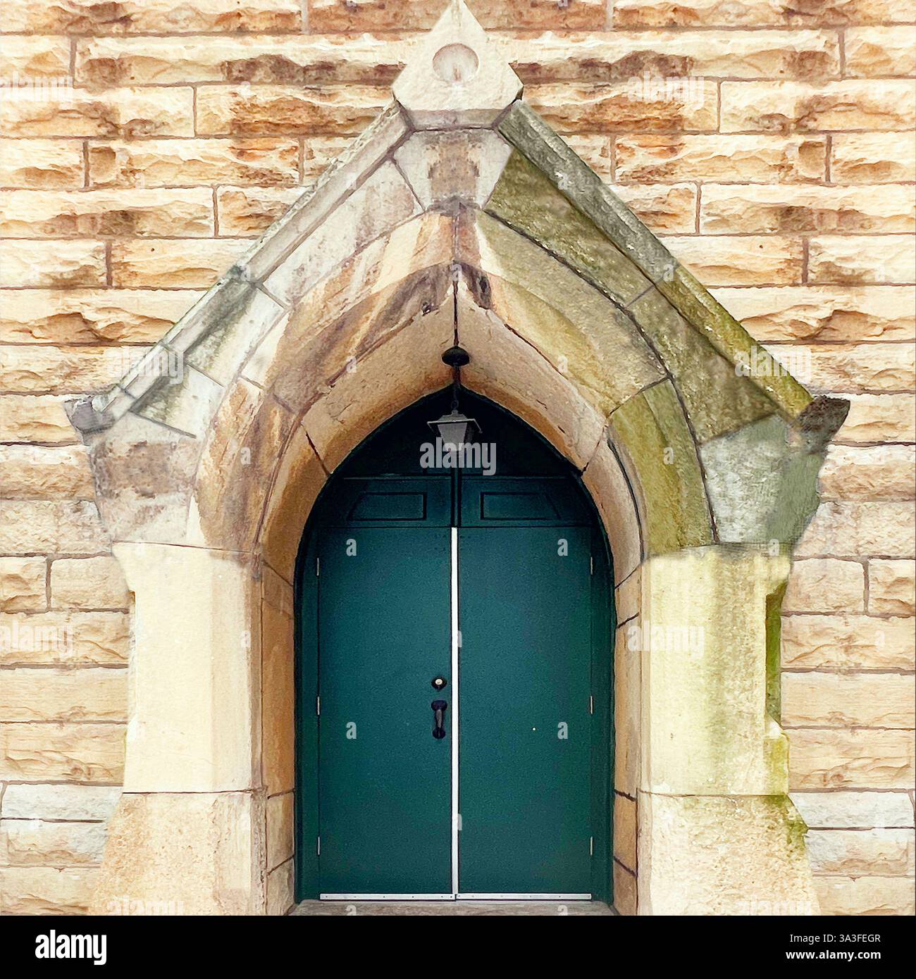 Historic Gothic-style arched doorway with green double doors set in a weathered stone facade, located in Chicago, Illinois. - Smartphone Captured Stock Image