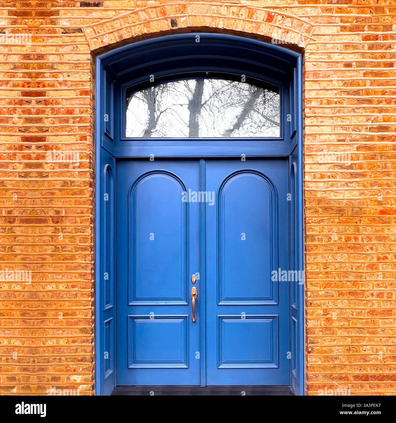 Elegant deep blue arched double doors set within a warm-toned brick facade, featuring intricate molding and a classic transom window. - Smartphone Captured Stock Image
