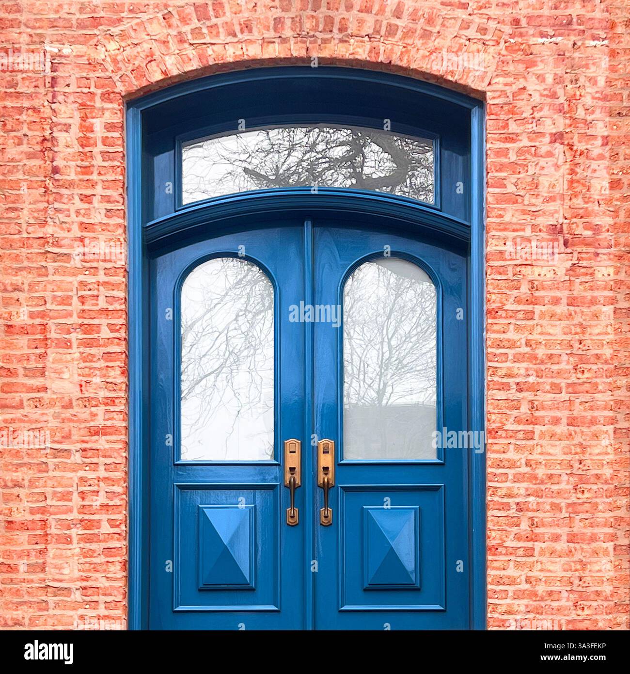 Elegant arched blue double doors with glass panels, set within a rustic pink brick facade, featuring vintage brass hardware. - Smartphone Captured Stock Image