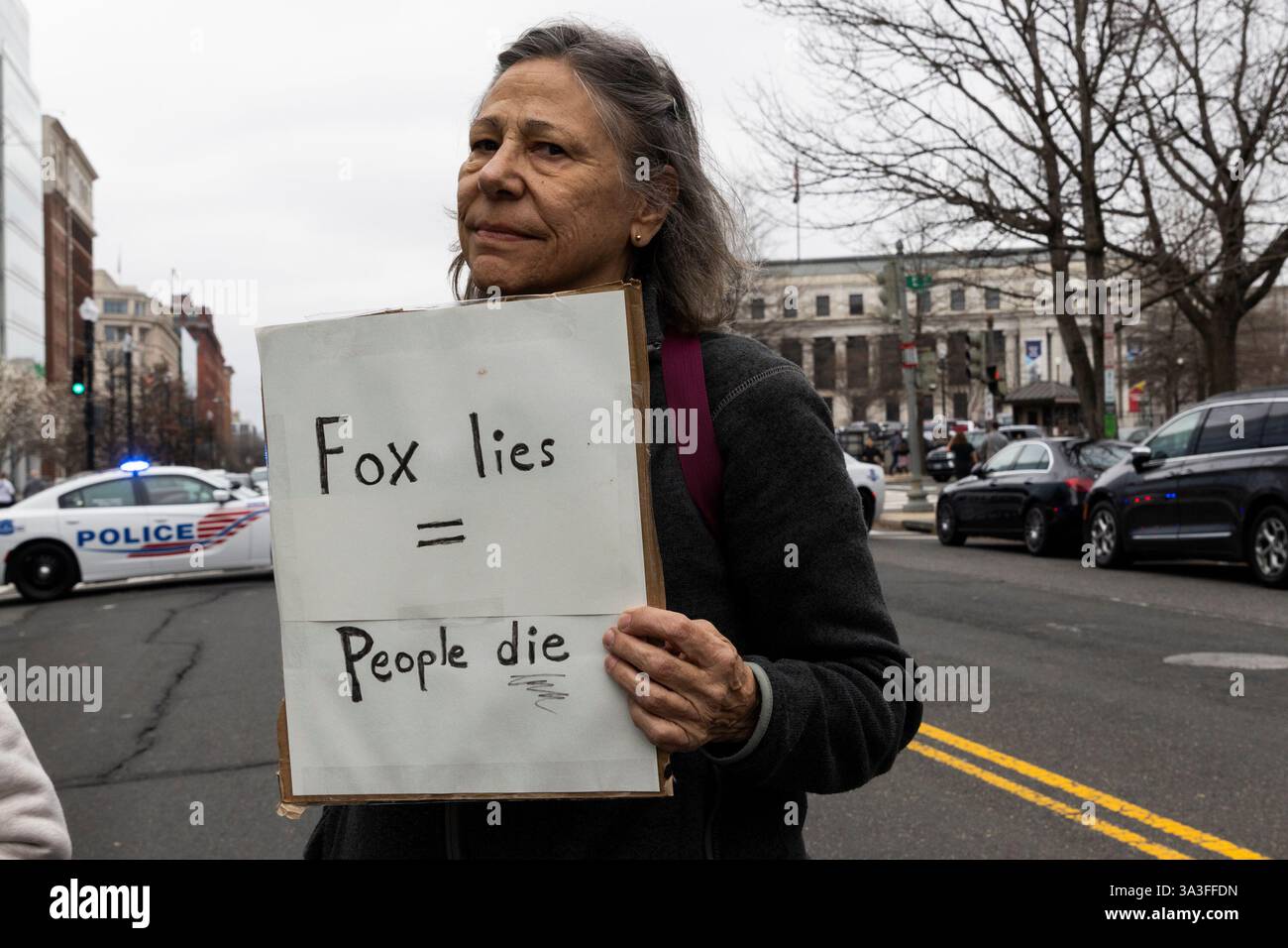 Hundreds of protesters gather and protest in front of the Fox News Washington, D.C., bureau on