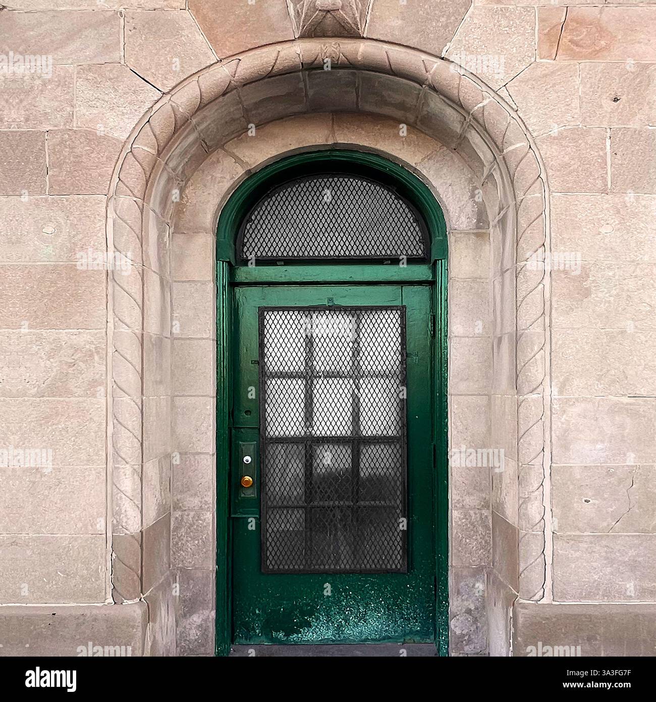 Green arched door with a wire mesh window, framed by an intricately carved stone archway, set within a historic limestone facade. - Smartphone Captured Stock Image