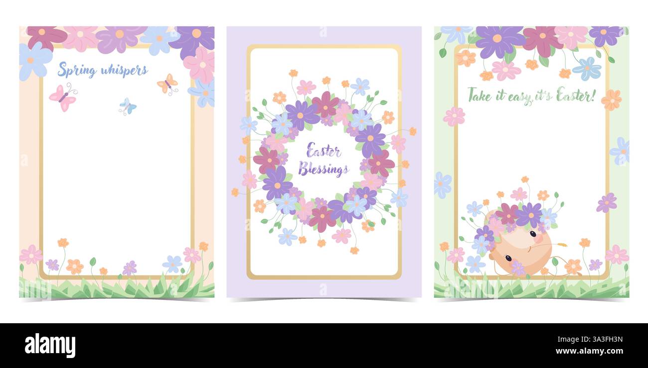 Easter card set with floral decorations, vector illustration Stock Vector