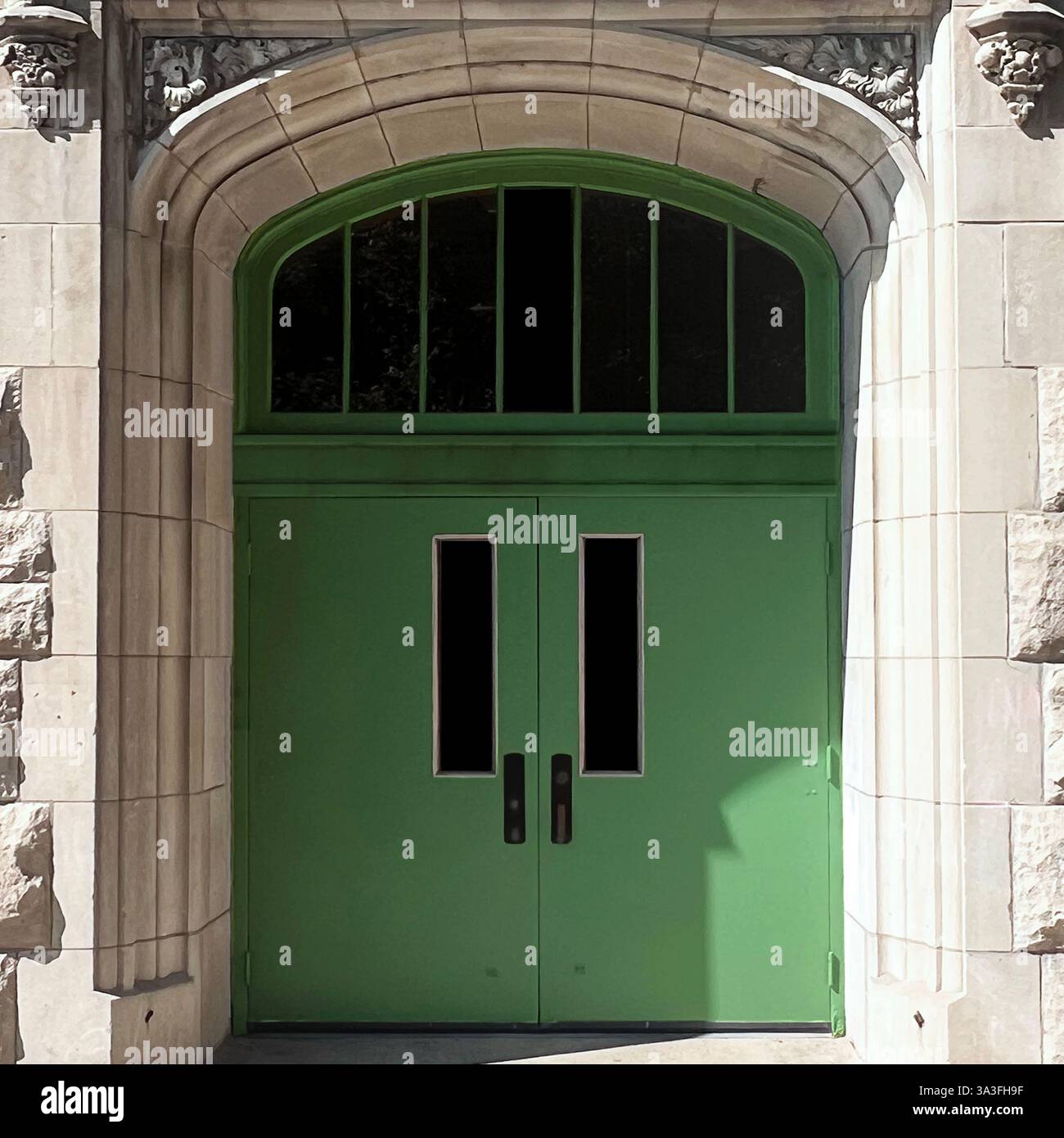 Historic green double doors of a school building in Chicago, featuring an arched stone entryway with intricate detailing - Smartphone Captured Stock Image