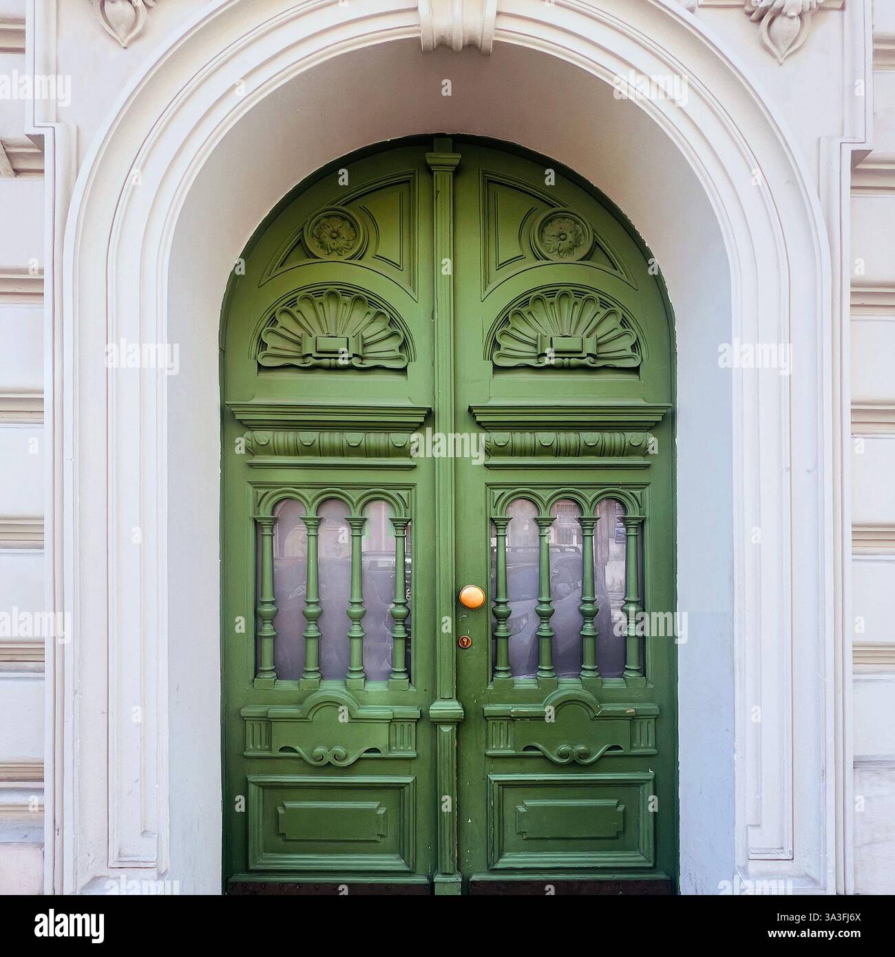 Elegant green arched double door with intricate wood carvings in Kraków, Poland - Smartphone Captured Stock Image