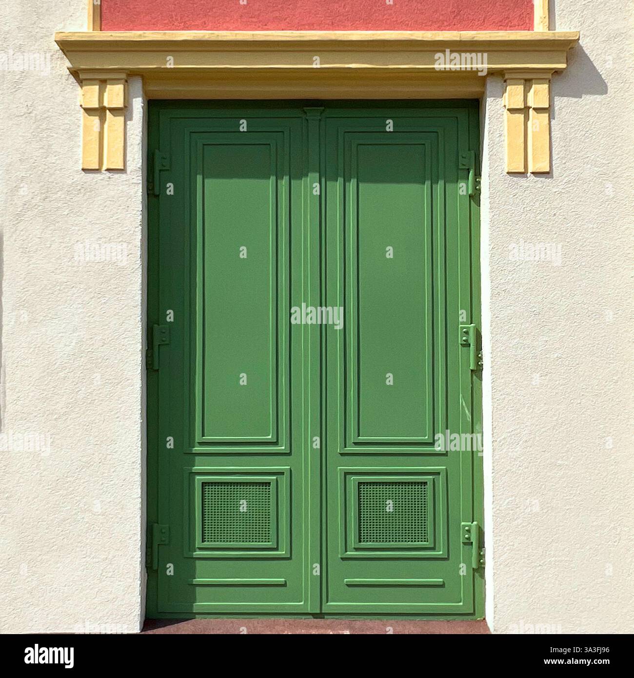 Green double door with intricate paneling, framed by a pastel-colored facade, located in Warsaw, Poland. - Smartphone Captured Stock Image