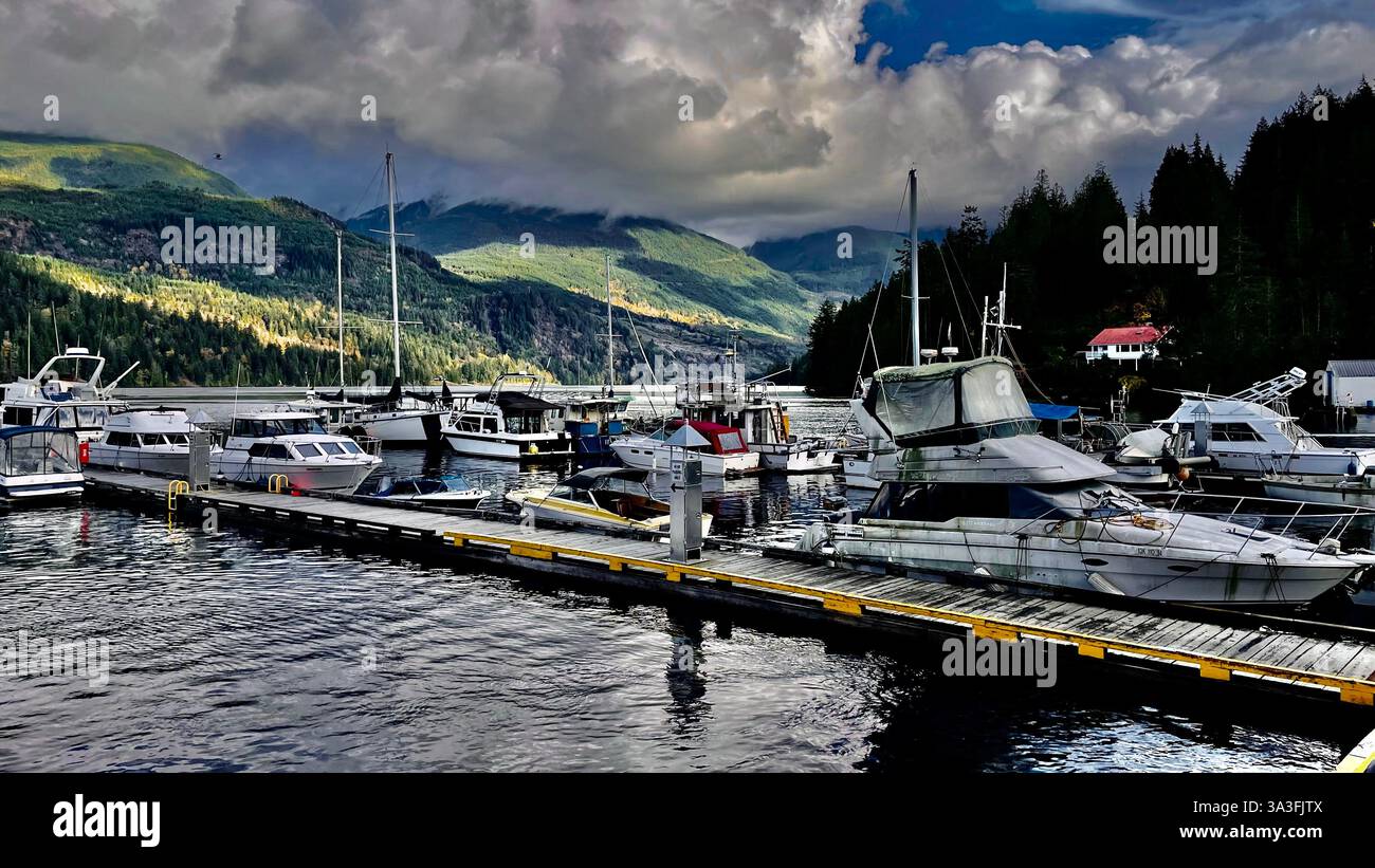 boat trip with mountains in the background on the river, sunshine coast, bc, canada - Smartphone Captured Stock Image