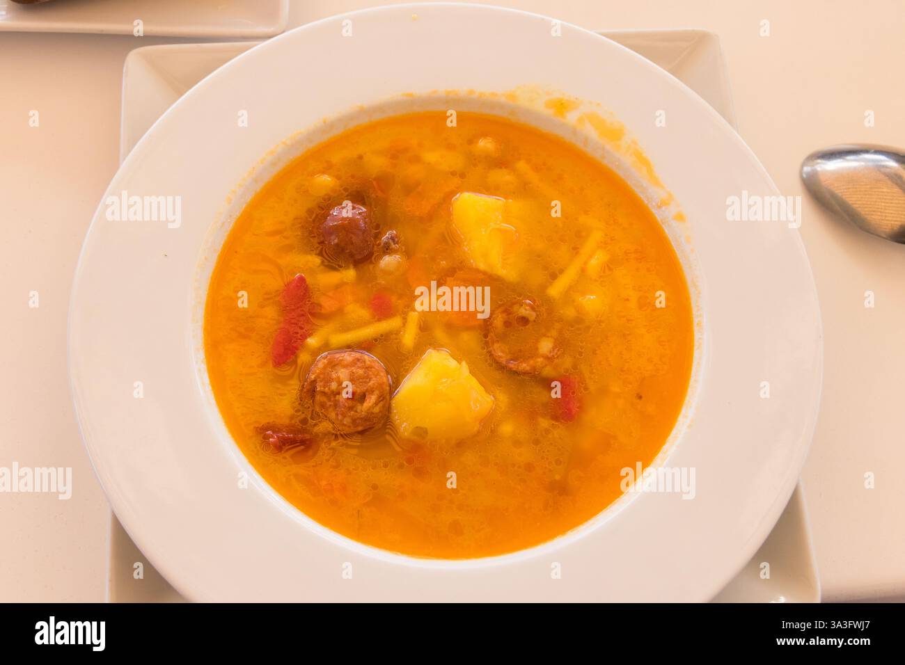 Canarian soup on a table in a restaurant Stock Photo