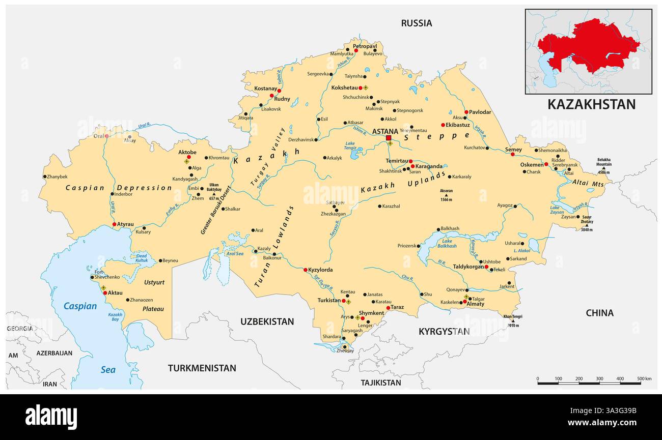 Map of the Eastern European and Central Asian state of Kazakhstan Stock Photo