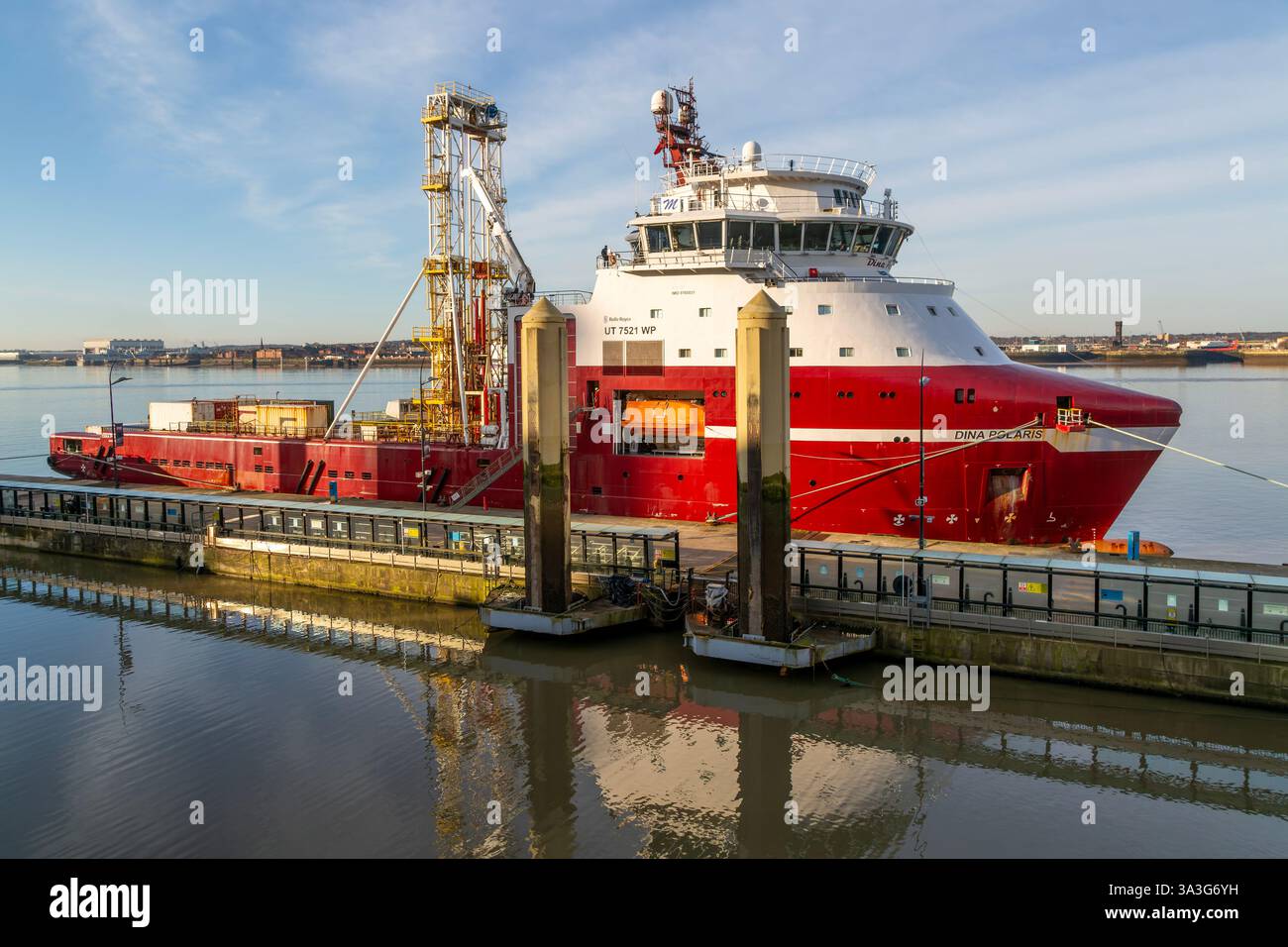Dina Polaris built 2017 integrated geotechnical survey multi-purpose vessel at quayside, River Mersey, Liverpool, Merseyside, England, UK Stock Photo