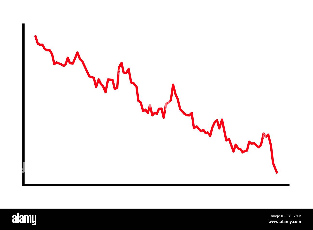 Downward trend, schematic chart. Declining red line graph depicting a downward trend with fluctuations, indicating decrease over time. Stock Photo