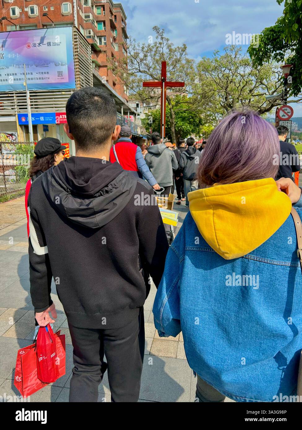 Taipei, Taiwan, Group People, Christian Evangelists Performing on Street Singing, Old Town Center, (Danshiu, Tamsui District) small church - Smartphone Captured Stock Image