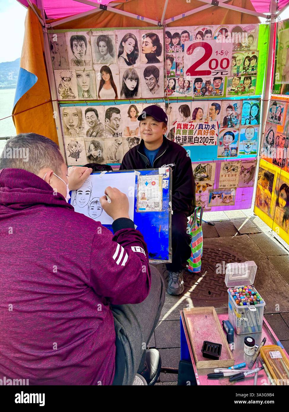 Taipei, Taiwan, Tourists Visiting Old Town Center, Local Artist Drawing Portrait Danshiu, (Tamsui District) - Smartphone Captured Stock Image