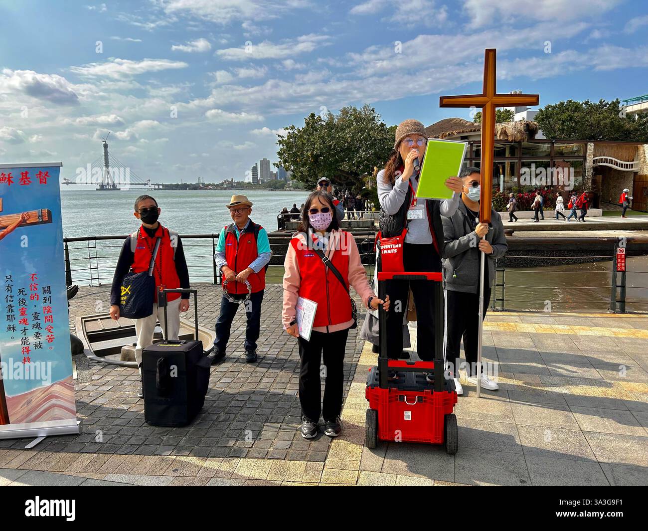 Taipei, Taiwan, Group People, Christian Evangelists Performing on Street Singing, Old Town Center, (Danshiu, Tamsui District) - Smartphone Captured Stock Image